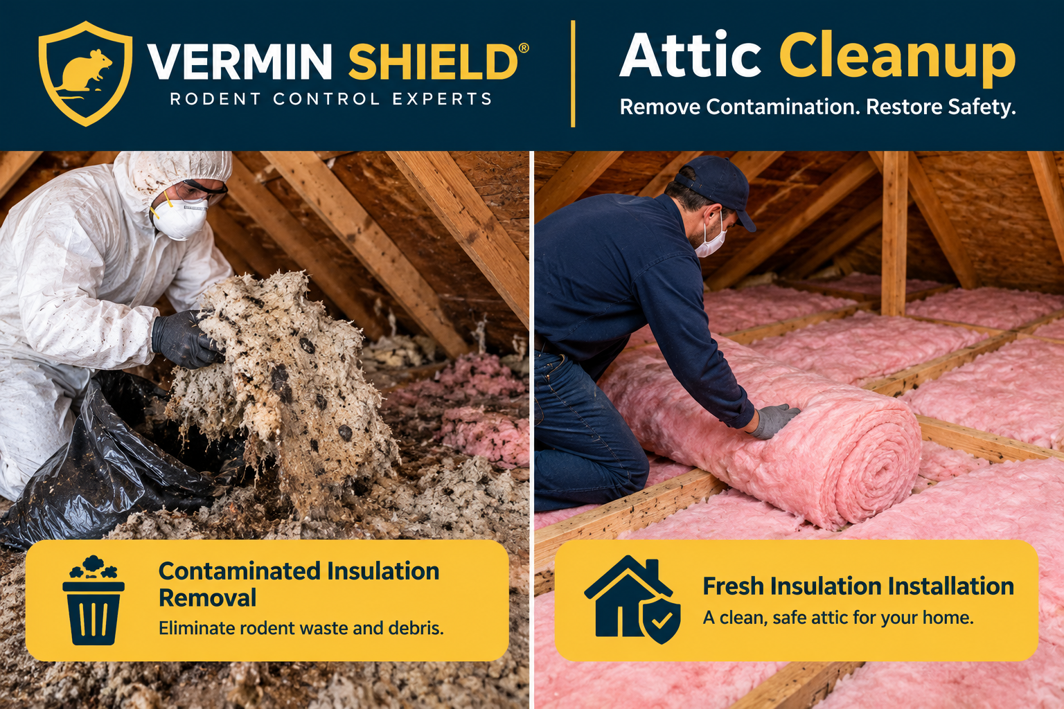 Attic Rodent Cleanup Boca Raton, FL | Vermin Shield 1 Vermin Shield attic cleanup showing contaminated insulation removal and fresh pink insulation installation to restore a clean attic after rodent damage.