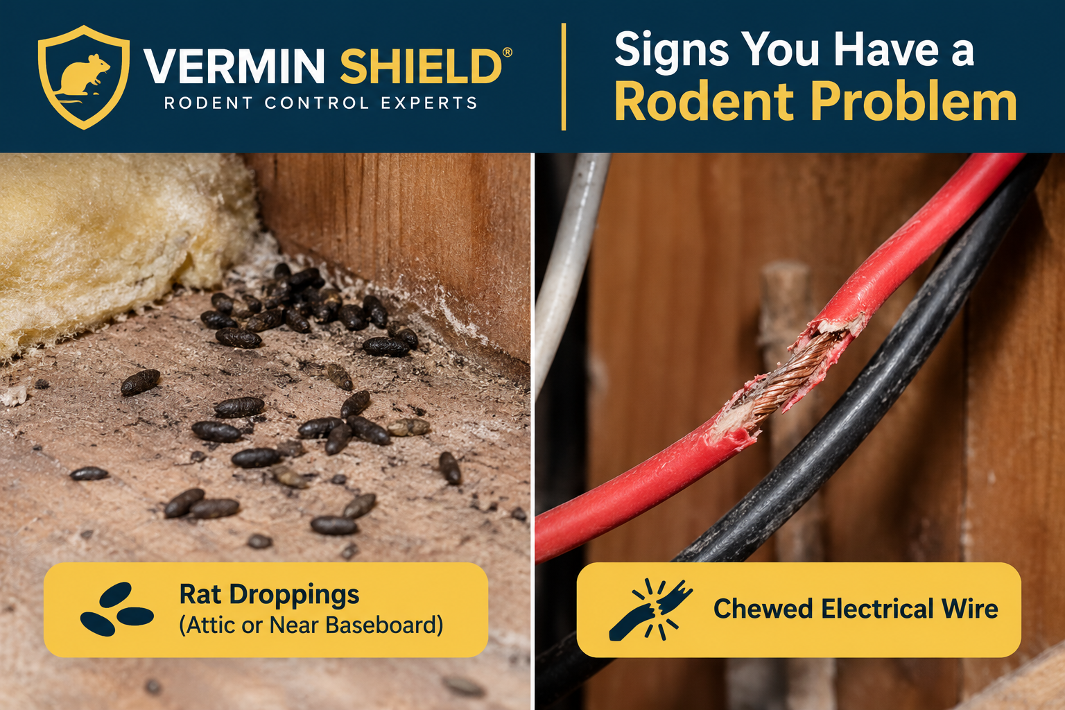 Rodent Inspection Boca Raton, FL | Vermin Shield 1 Signs of a rodent problem — droppings and gnaw marks found during Boca Raton home inspection