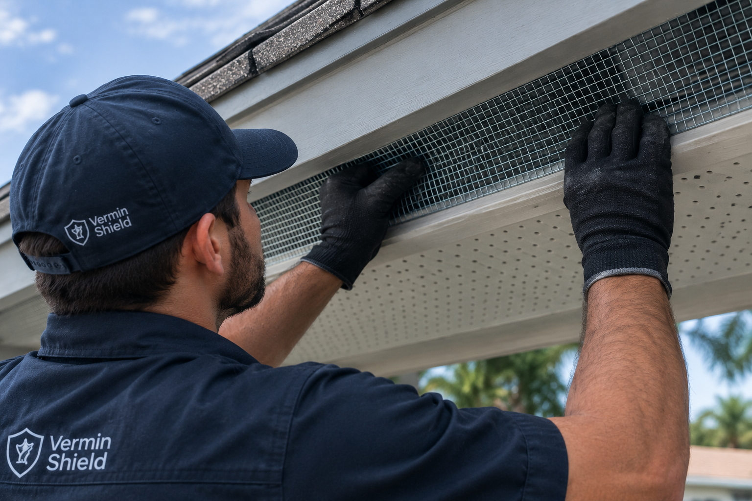 Rodent Exclusion & Proofing Boca Raton, FL | Vermin Shield 1 Vermin Shield technician installing galvanized steel mesh on soffit in Boca Raton FL
